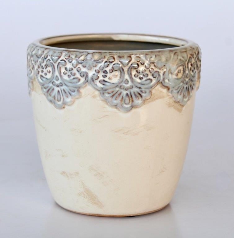 Round Glazed Pot Grey Lace Edge